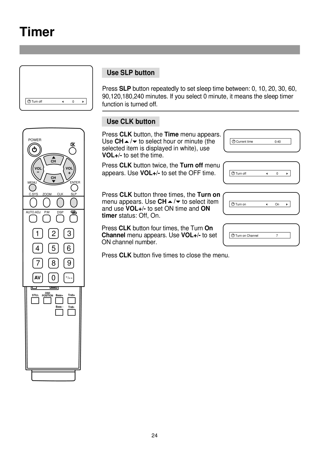 Palsonic TFTV-760 owner manual Timer, Use SLP button, Use CLK button 