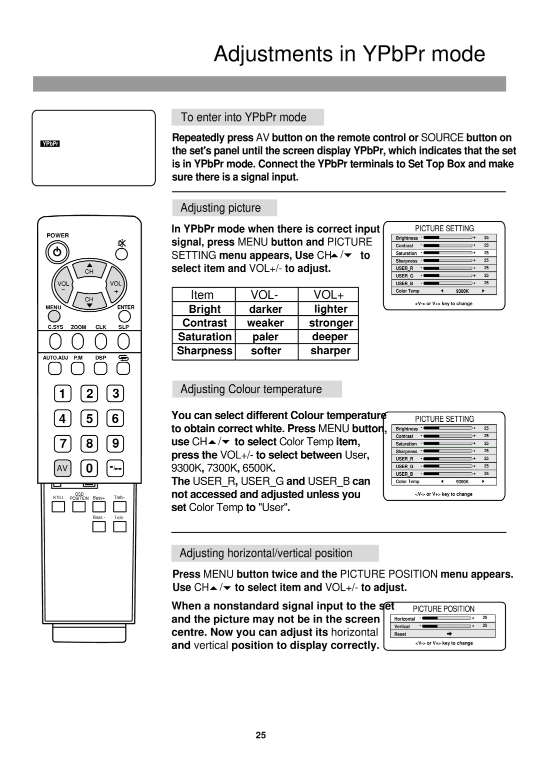 Palsonic TFTV-760 owner manual Adjustments in YPbPr mode, To enter into YPbPr mode, Adjusting Colour temperature 