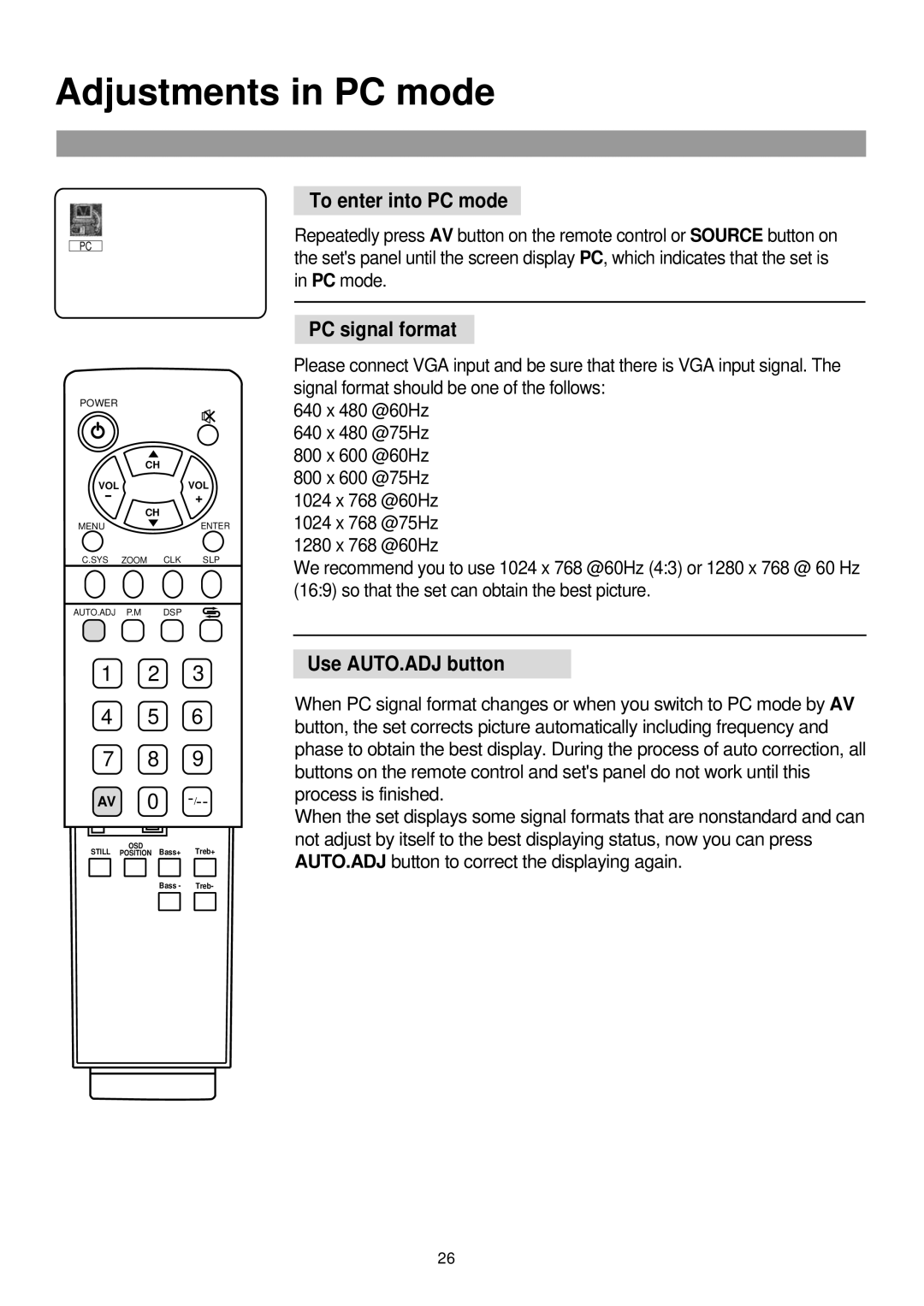 Palsonic TFTV-760 owner manual Adjustments in PC mode, To enter into PC mode, PC signal format, Use AUTO.ADJ button 