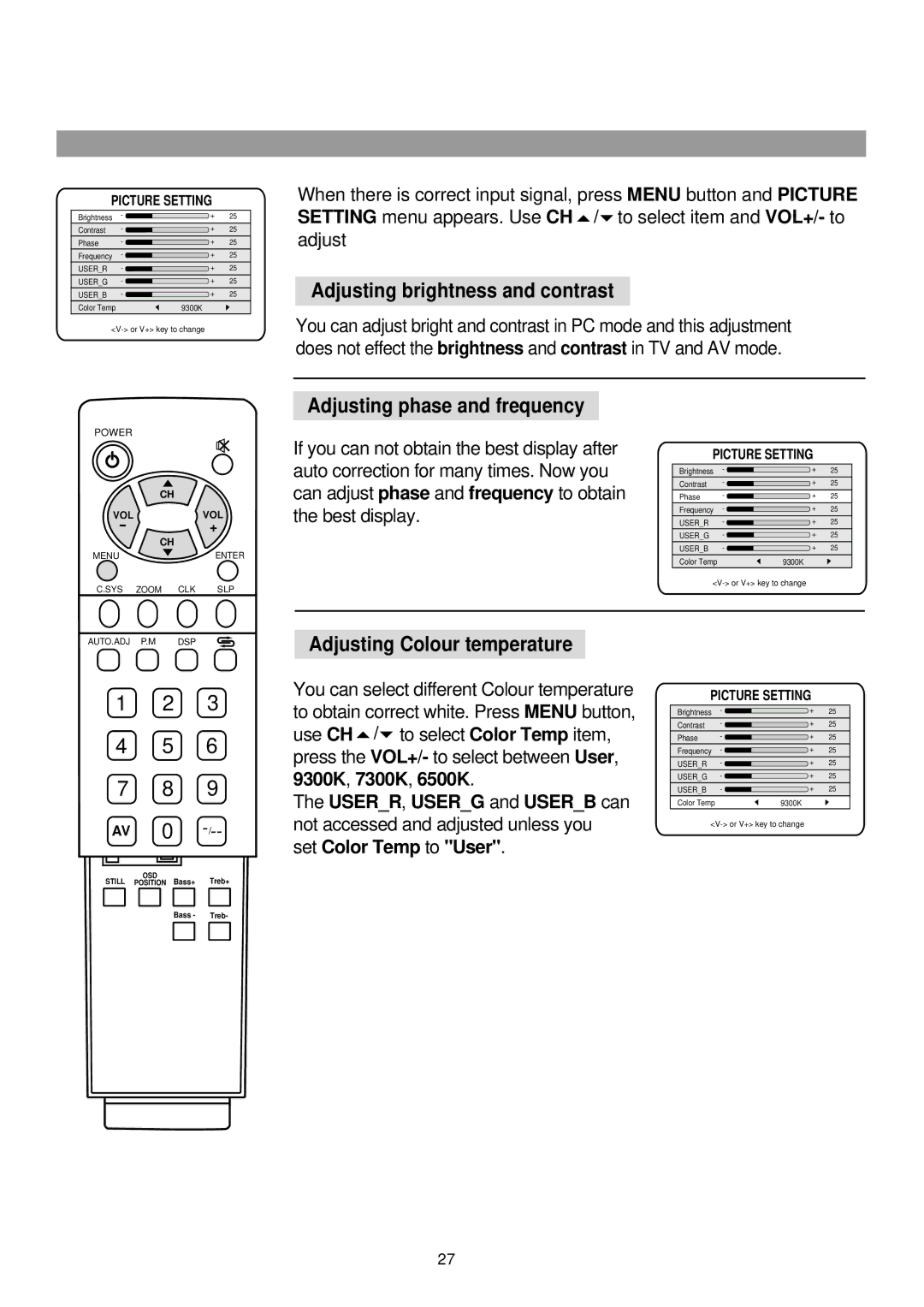 Palsonic TFTV-760 owner manual Adjusting brightness and contrast, Adjusting phase and frequency 