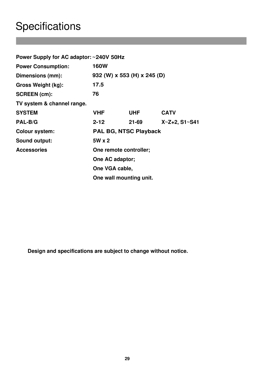 Palsonic TFTV-760 owner manual Specifications, System VHF UHF Catv PAL-B/G 