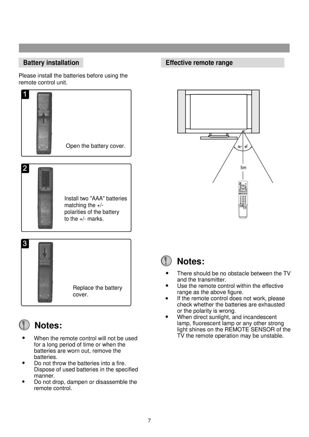 Palsonic TFTV-760 owner manual Battery installation, Effective remote range 