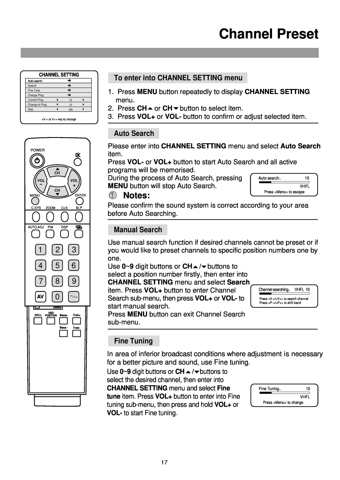 Palsonic TFTV-760 Channel Preset, 1 2 4 5 7 8, To enter into CHANNEL SETTING menu, Auto Search, Manual Search, Fine Tuning 