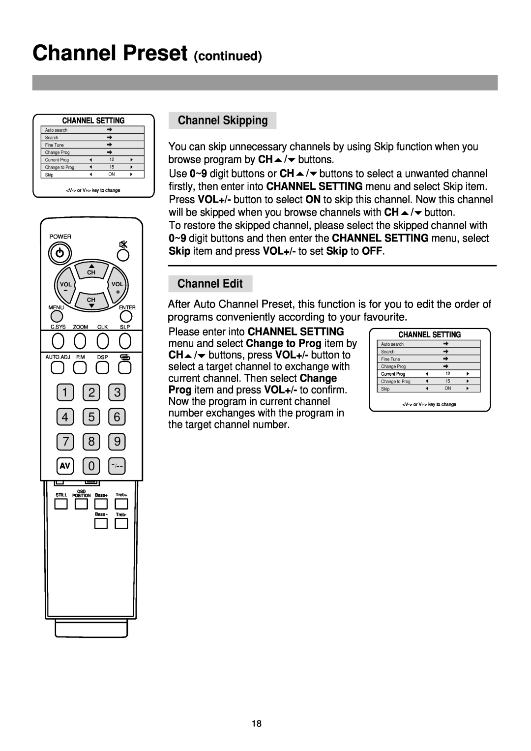 Palsonic TFTV-760 owner manual Channel Preset continued, Channel Skipping, Channel Edit, 1 2 4 