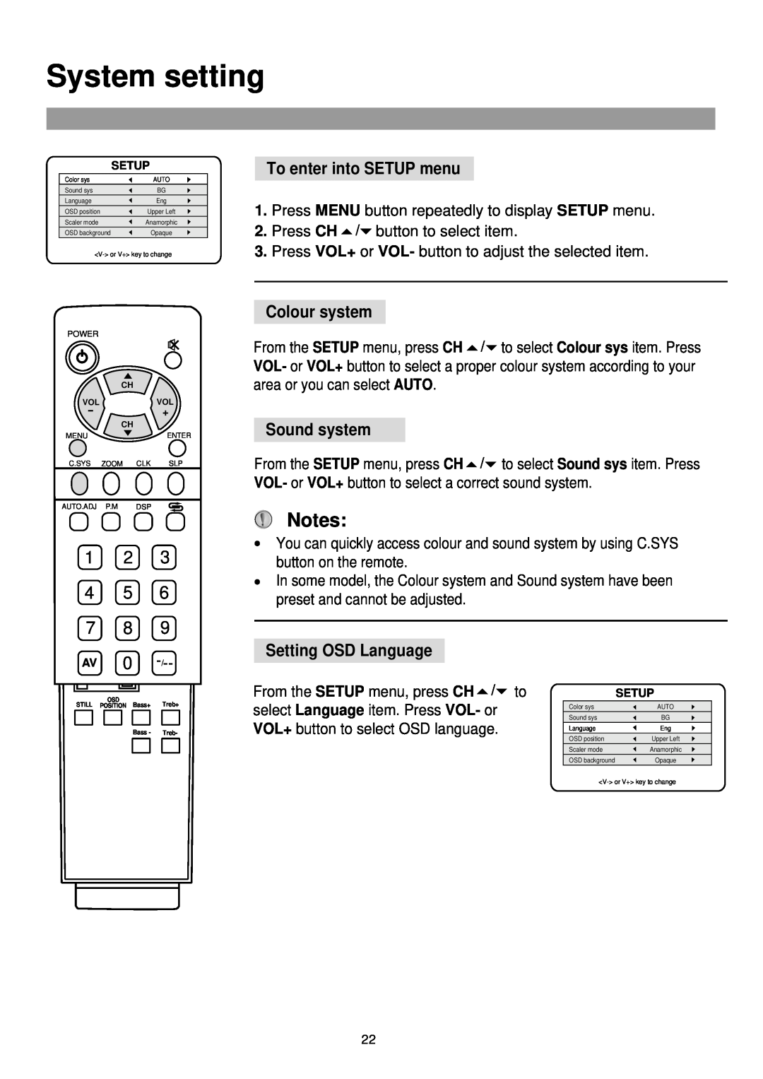 Palsonic TFTV-760 System setting, To enter into SETUP menu, 1 2 4 5 7 8, Colour system, Sound system, Setting OSD Language 