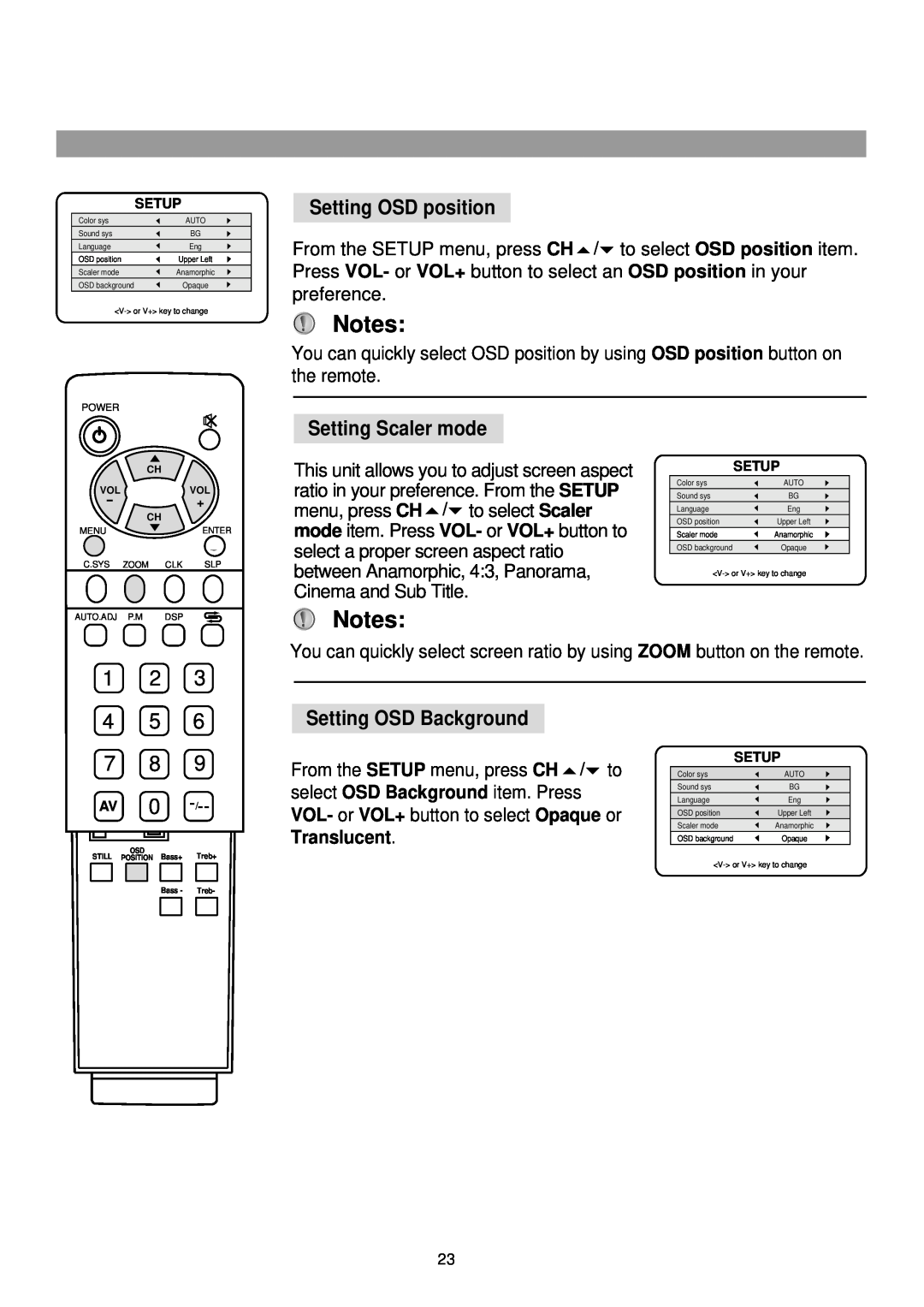 Palsonic TFTV-760 owner manual Setting OSD position, Setting Scaler mode, 4 5 7 8, Setting OSD Background 