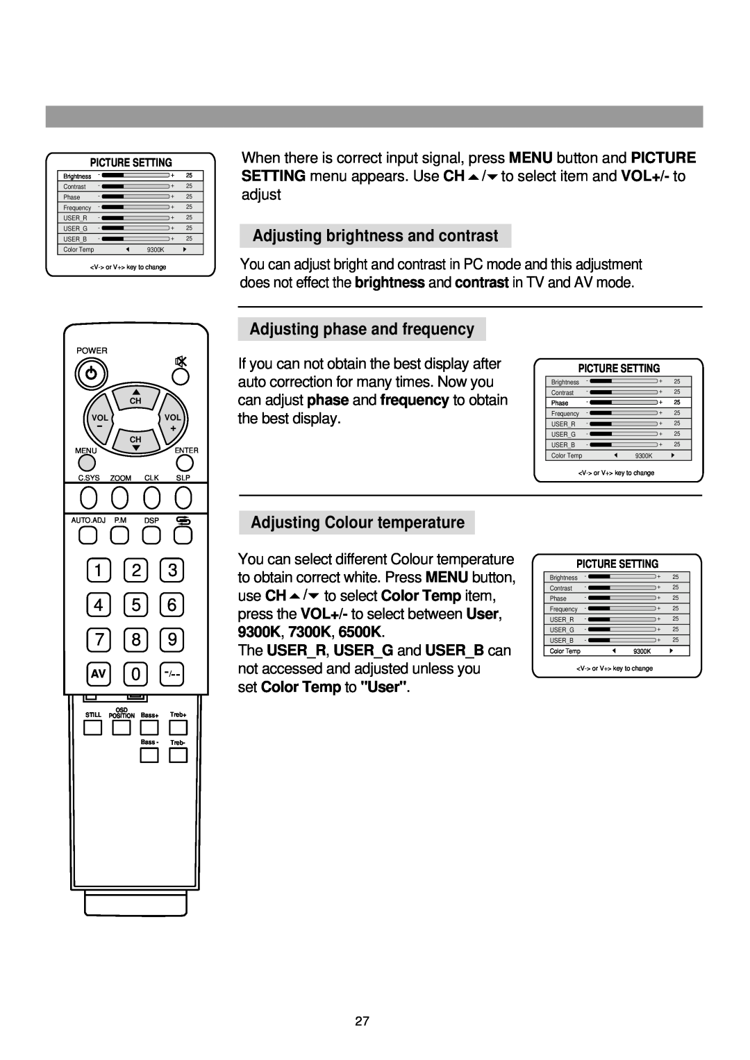 Palsonic TFTV-760 owner manual Adjusting brightness and contrast, Adjusting phase and frequency, 1 2 4 5 7 8 