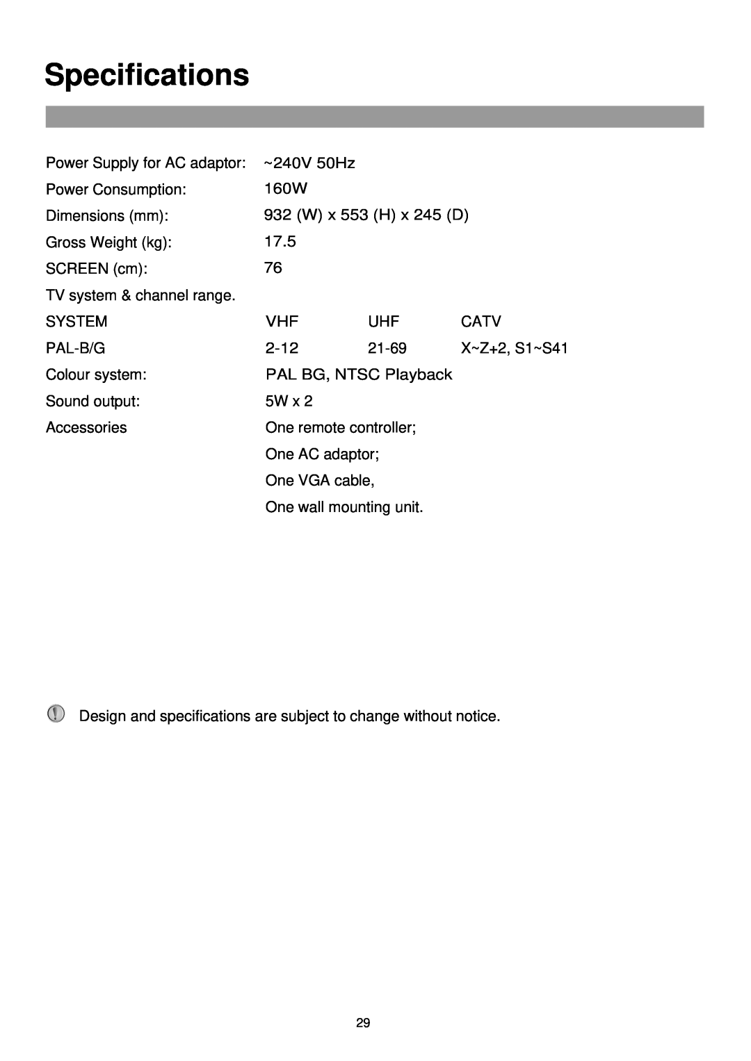 Palsonic TFTV-760 owner manual Specifications 