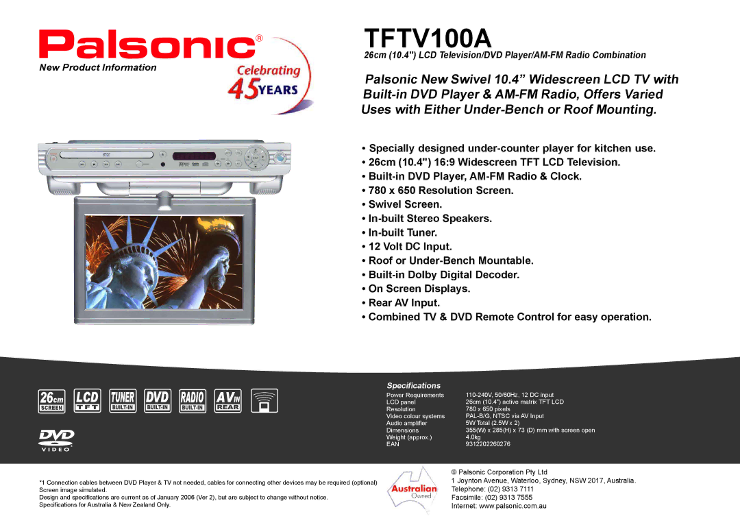 Palsonic TFTV100A specifications 26cm, Specifications, Ean, 9312202260276 