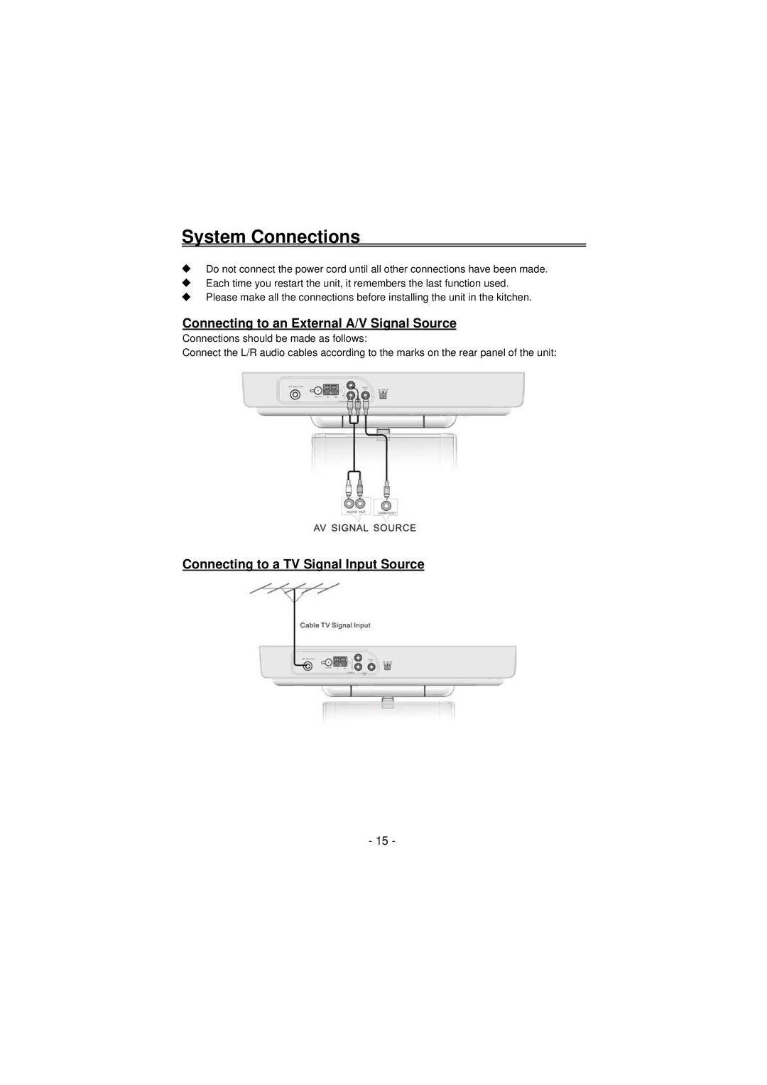 Palsonic TFTV100A System Connections, Connecting to an External A/V Signal Source, Connecting to a TV Signal Input Source 