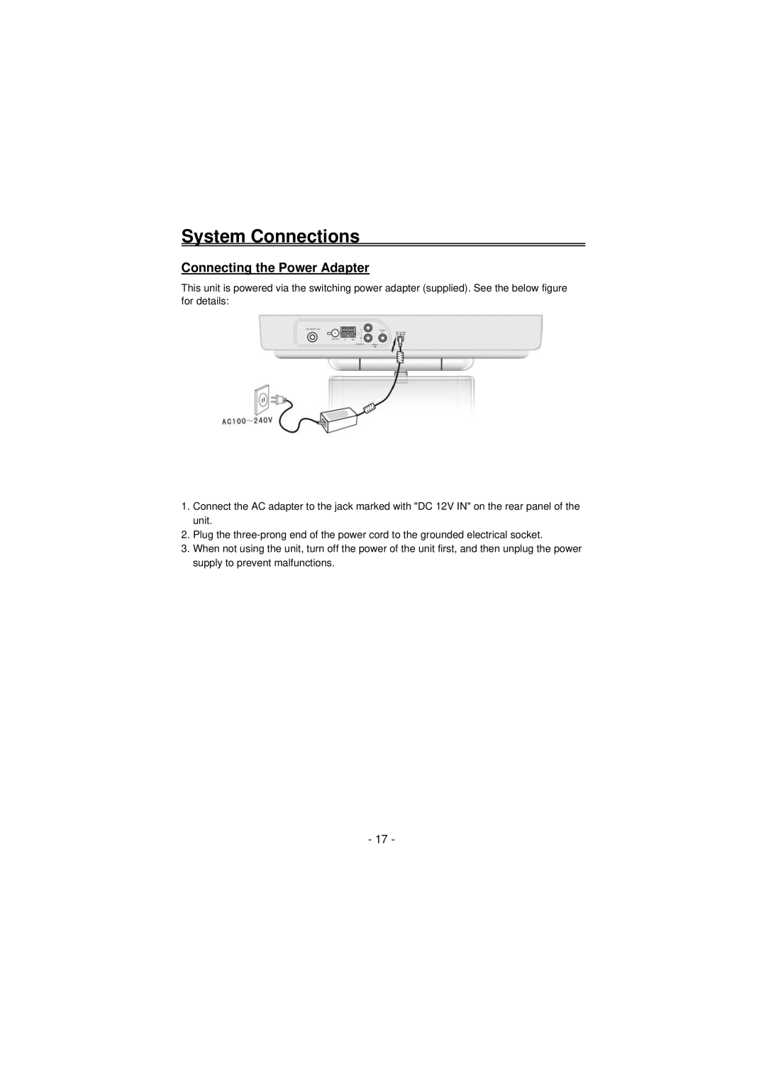 Palsonic TFTV100A user manual Connecting the Power Adapter 