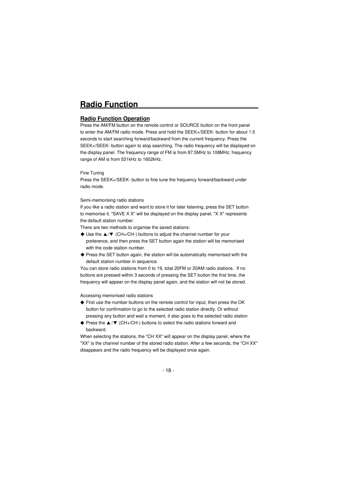 Palsonic TFTV100A user manual Radio Function Operation 