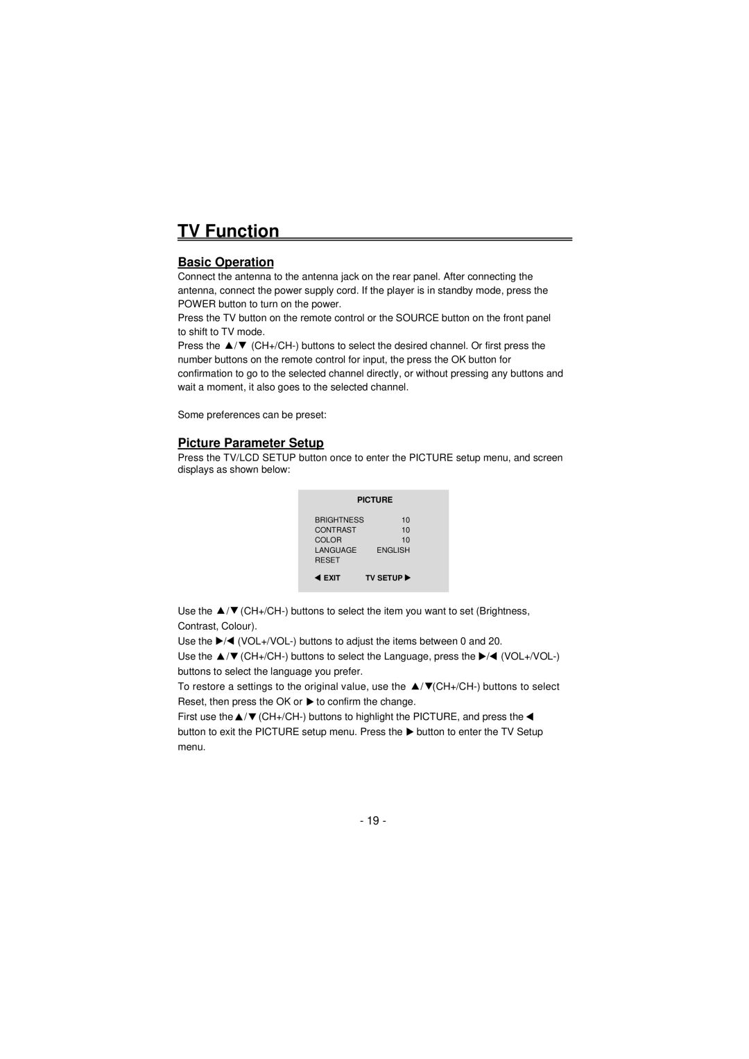 Palsonic TFTV100A user manual TV Function, Basic Operation, Picture Parameter Setup 