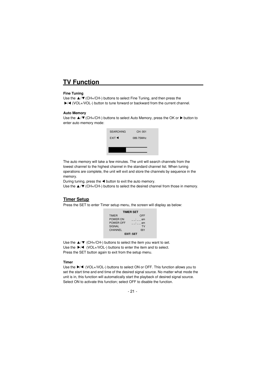 Palsonic TFTV100A user manual Timer Setup, Fine Tuning, Auto Memory 