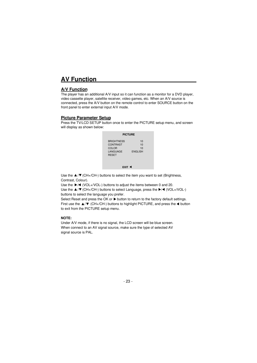 Palsonic TFTV100A user manual AV Function 