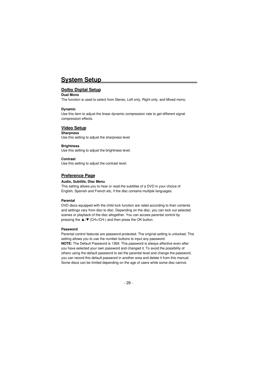 Palsonic TFTV100A user manual Dolby Digital Setup, Video Setup, Preference 