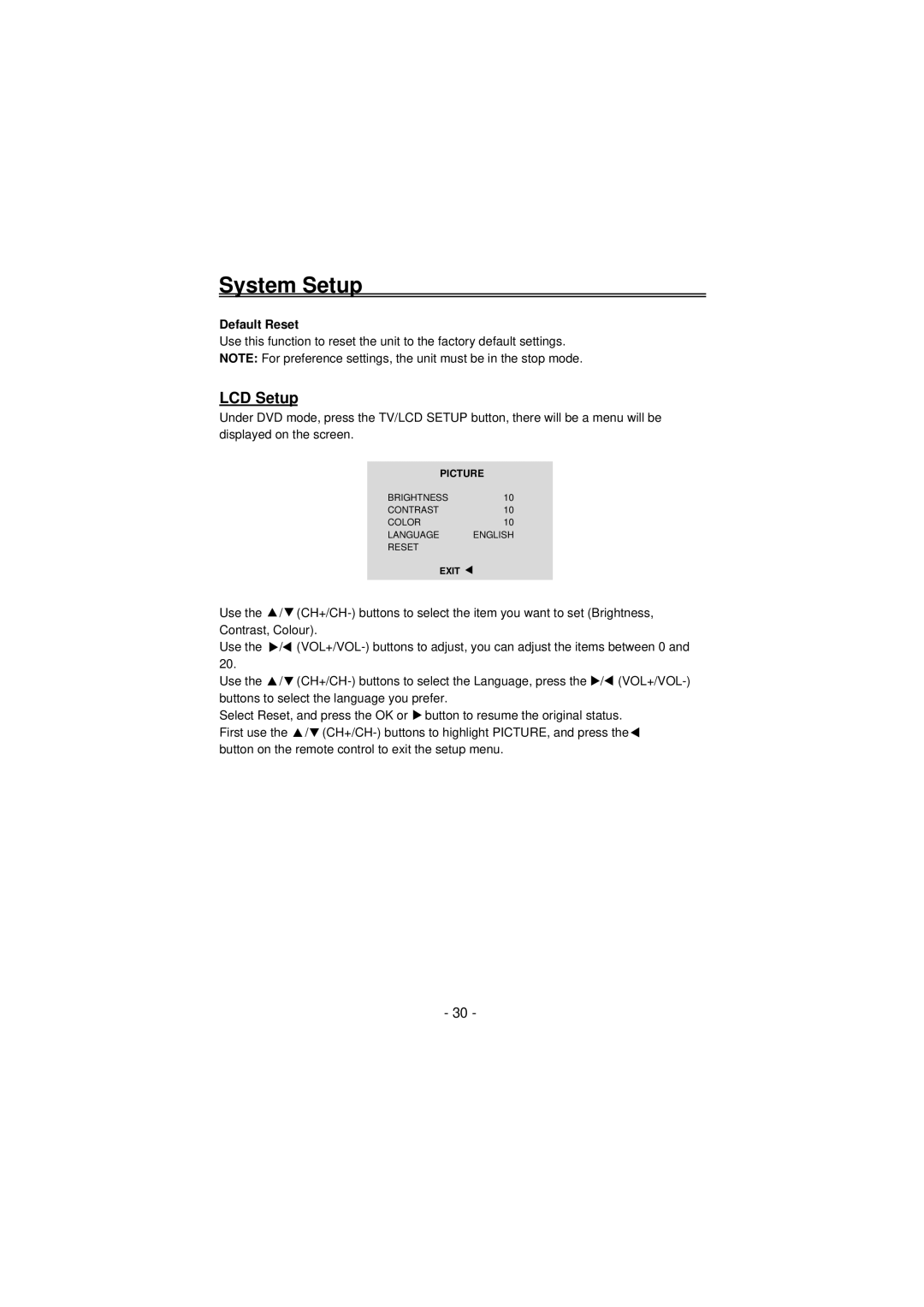 Palsonic TFTV100A user manual LCD Setup, Default Reset 