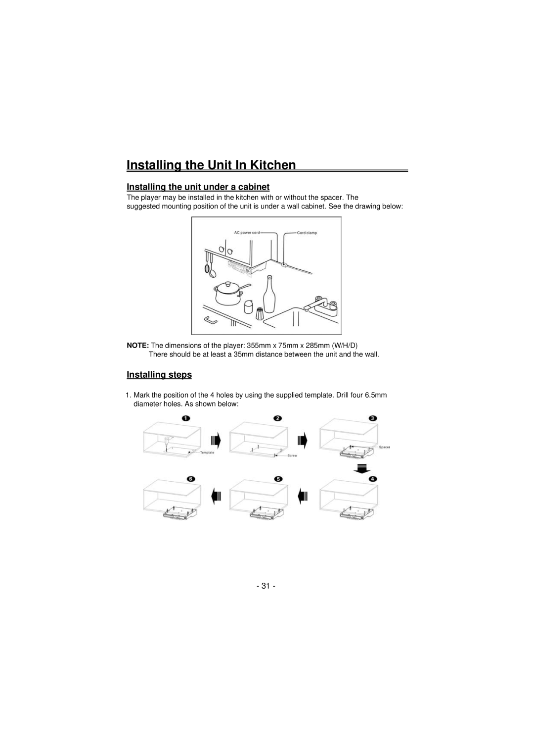 Palsonic TFTV100A user manual Installing the Unit In Kitchen, Installing the unit under a cabinet, Installing steps 