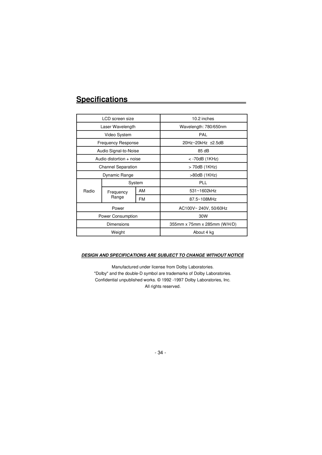 Palsonic TFTV100A user manual Specifications, Pal 