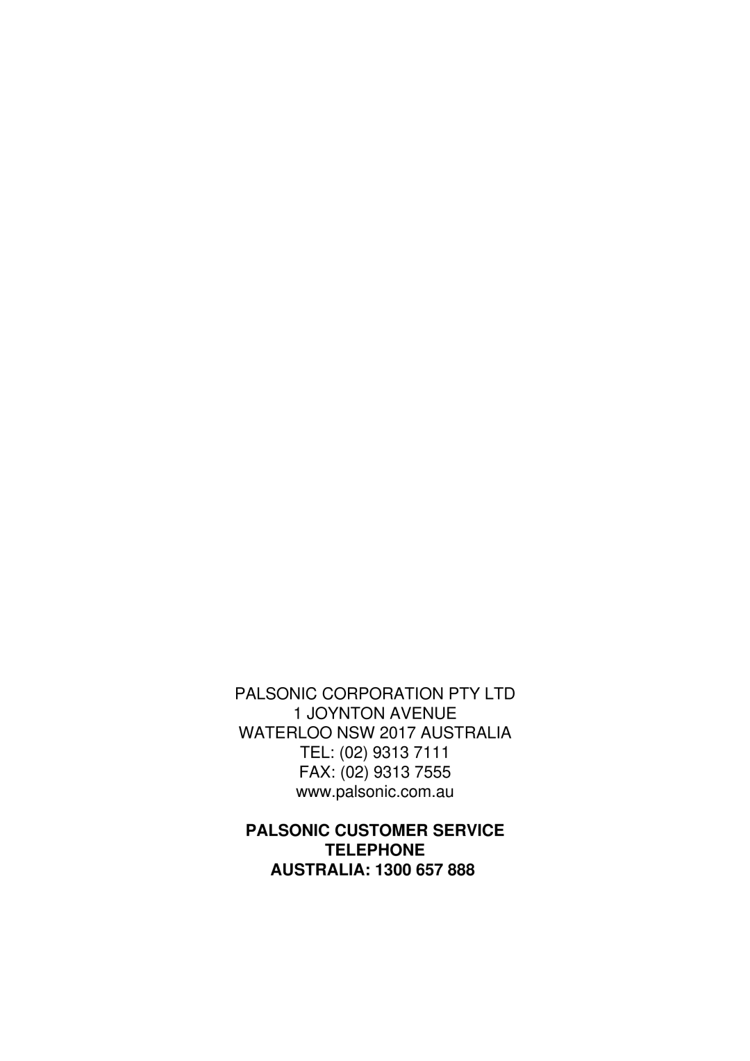 Palsonic TFTV100A user manual Palsonic Customer Service Telephone 