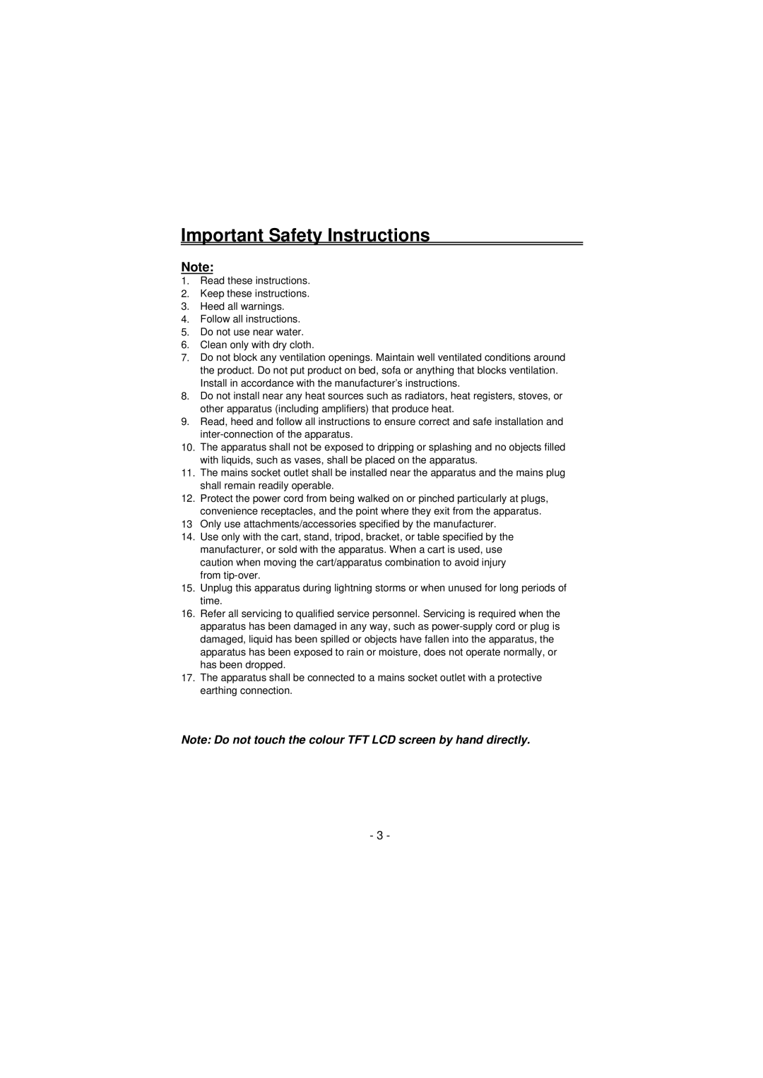 Palsonic TFTV100A user manual Important Safety Instructions 