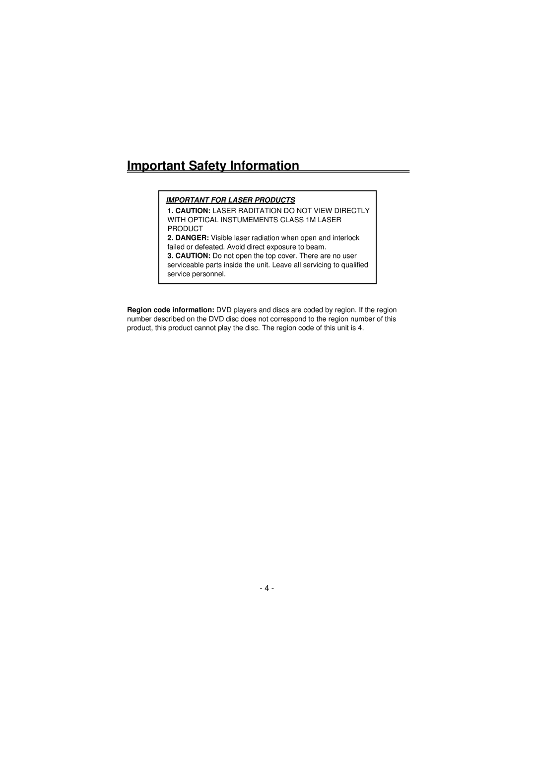 Palsonic TFTV100A user manual Important for Laser Products 