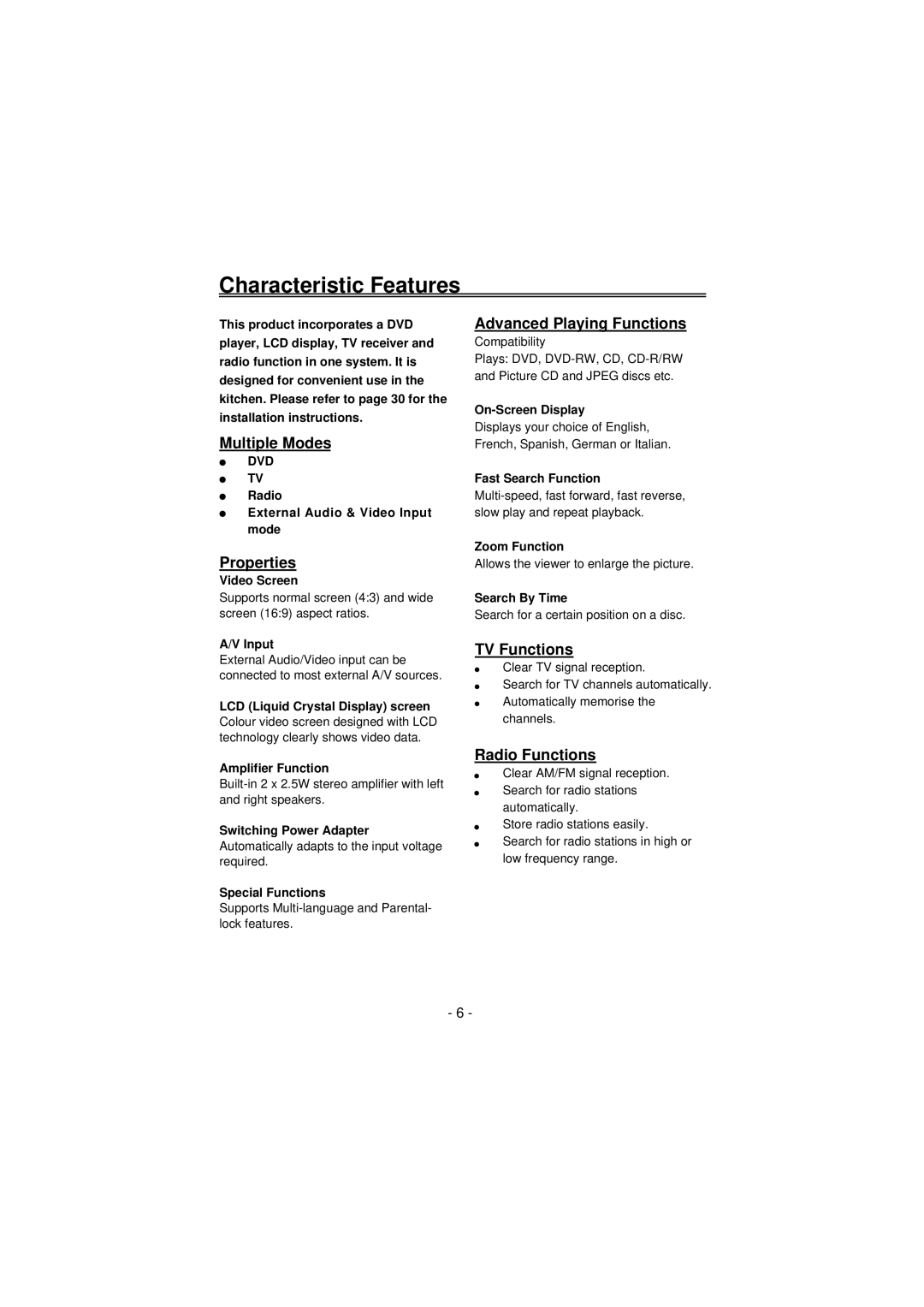 Palsonic TFTV100A user manual Characteristic Features 