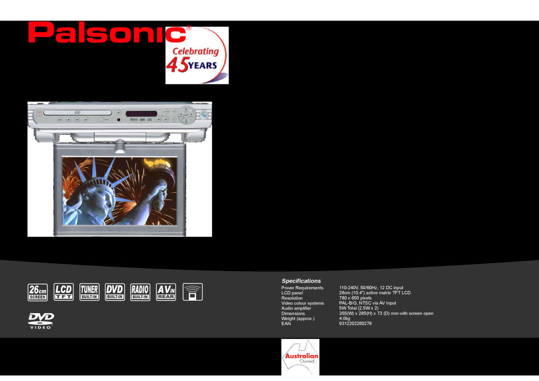 Palsonic TFTV100A specifications 26cm, Specially designed under-counter player for kitchen use, New Product Information 