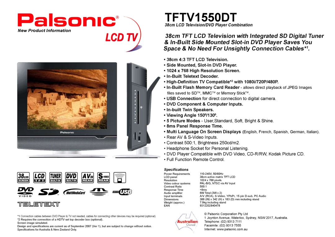 Palsonic TFTV1550DT specifications 38cm TFT LCD Television with Integrated SD Digital Tuner, 8ms Panel Response Time 