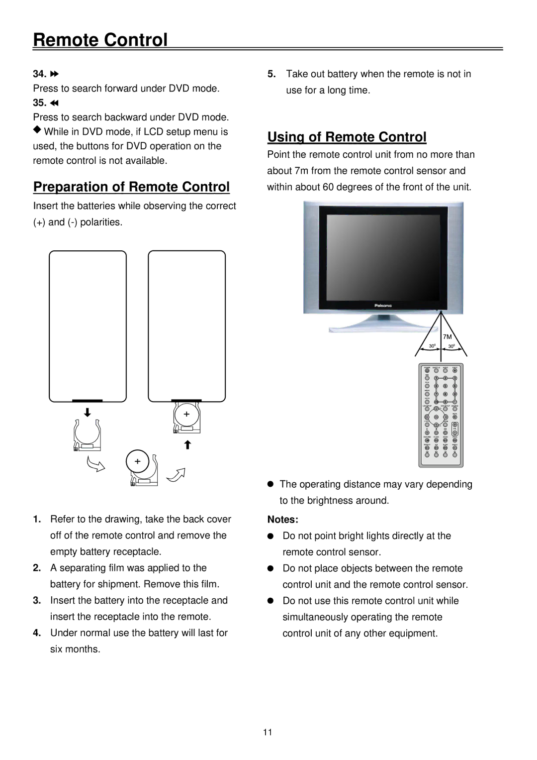 Palsonic TFTV1720D user manual Preparation of Remote Control 