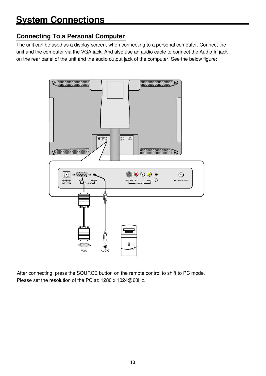 Palsonic TFTV1720D user manual Connecting To a Personal Computer 