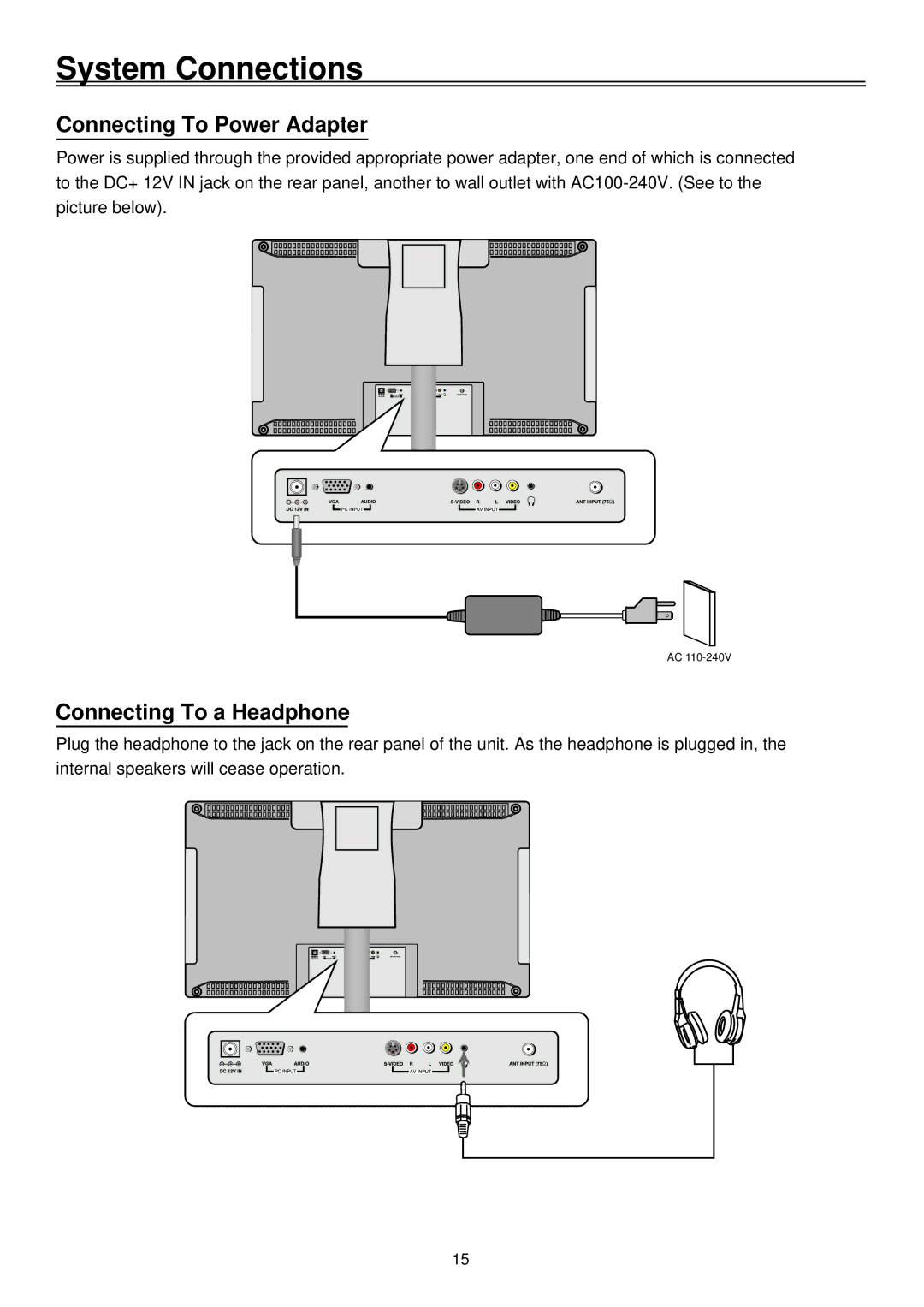 Palsonic TFTV1720D user manual Connecting To Power Adapter, Connecting To a Headphone 