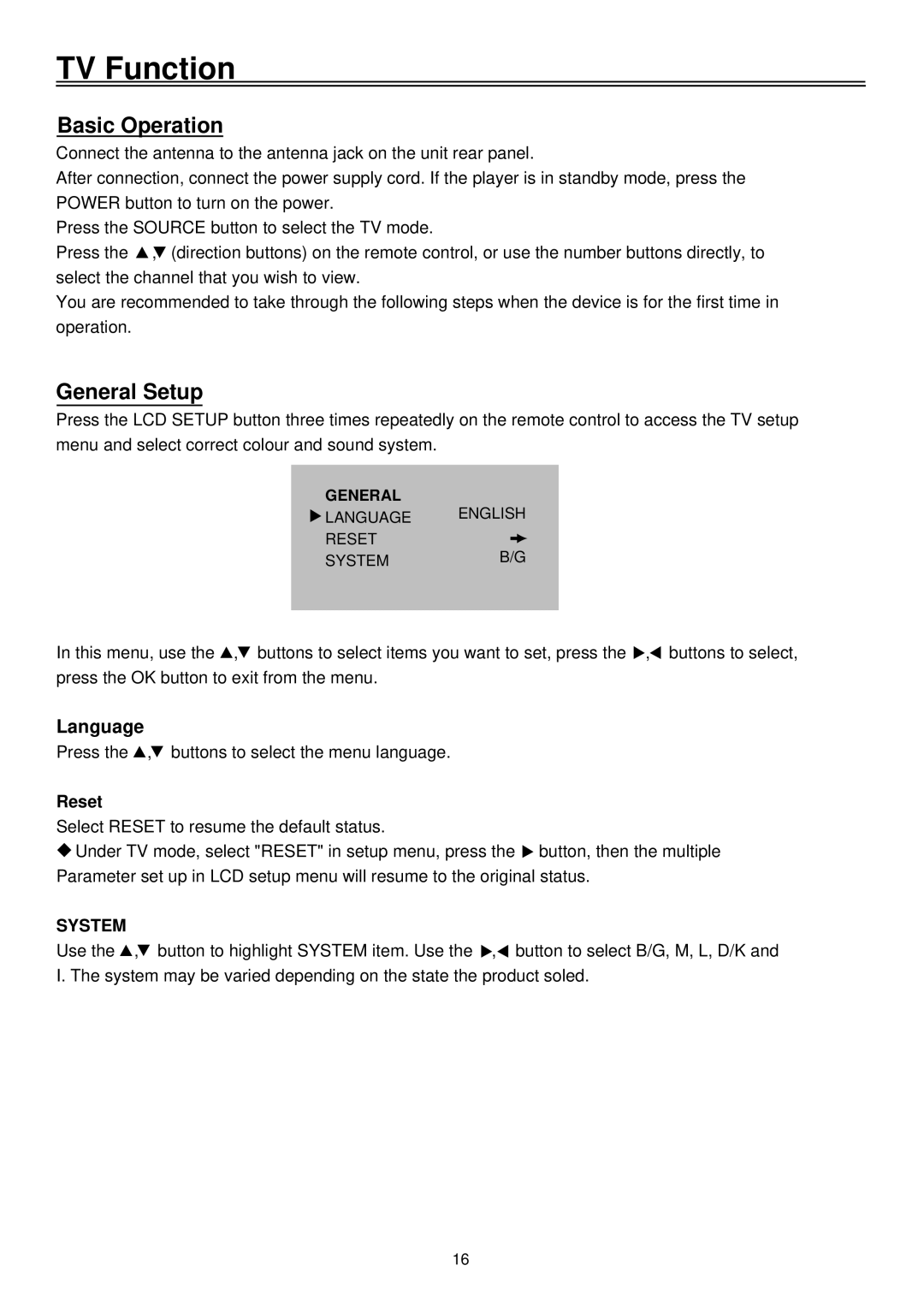 Palsonic TFTV1720D user manual TV Function, Basic Operation, General Setup, Language, Reset 