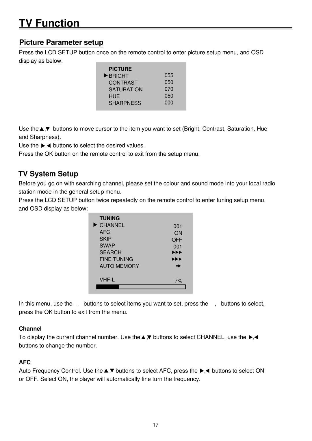 Palsonic TFTV1720D user manual Picture Parameter setup, TV System Setup, Channel 