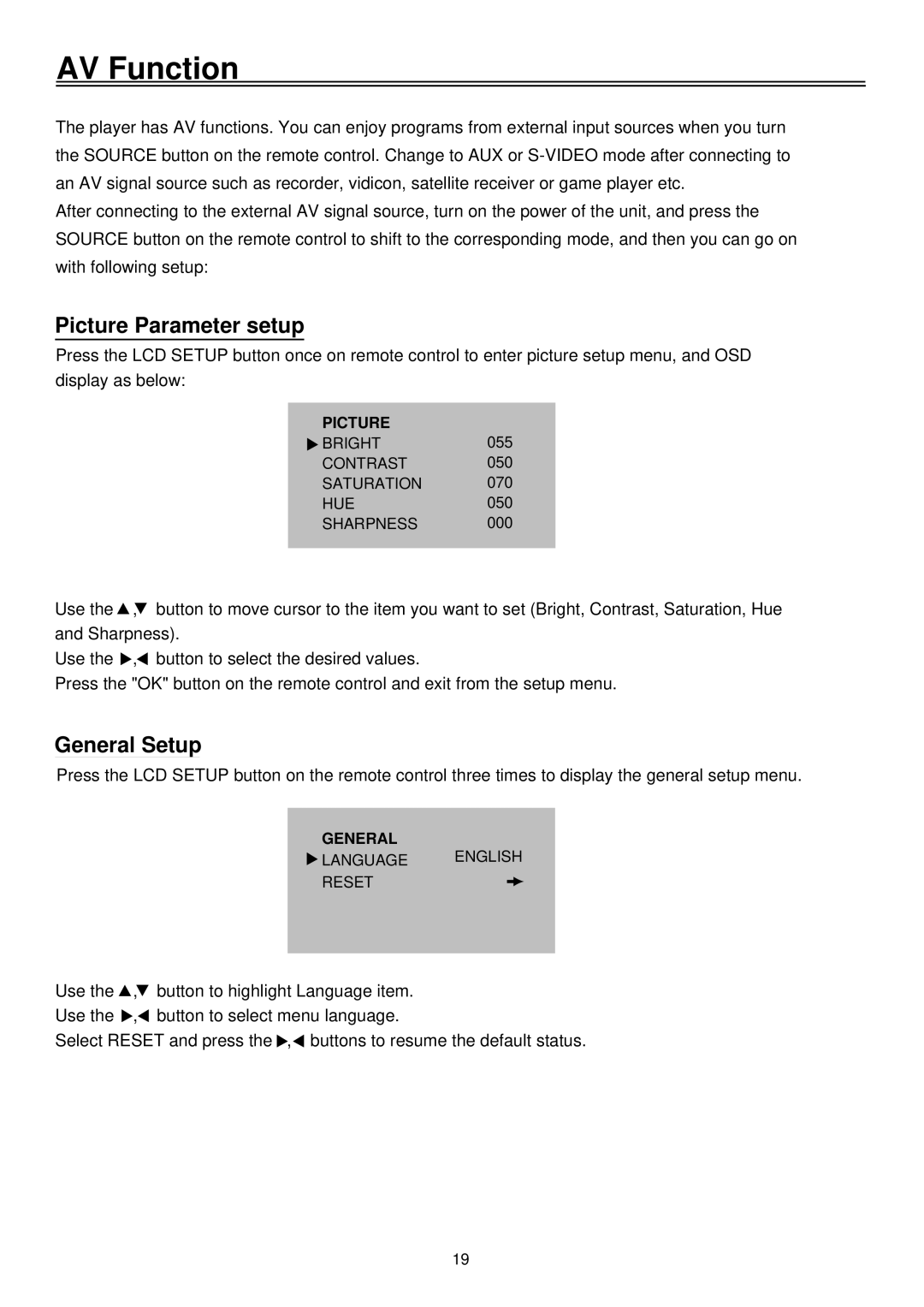 Palsonic TFTV1720D user manual AV Function, General Setup 