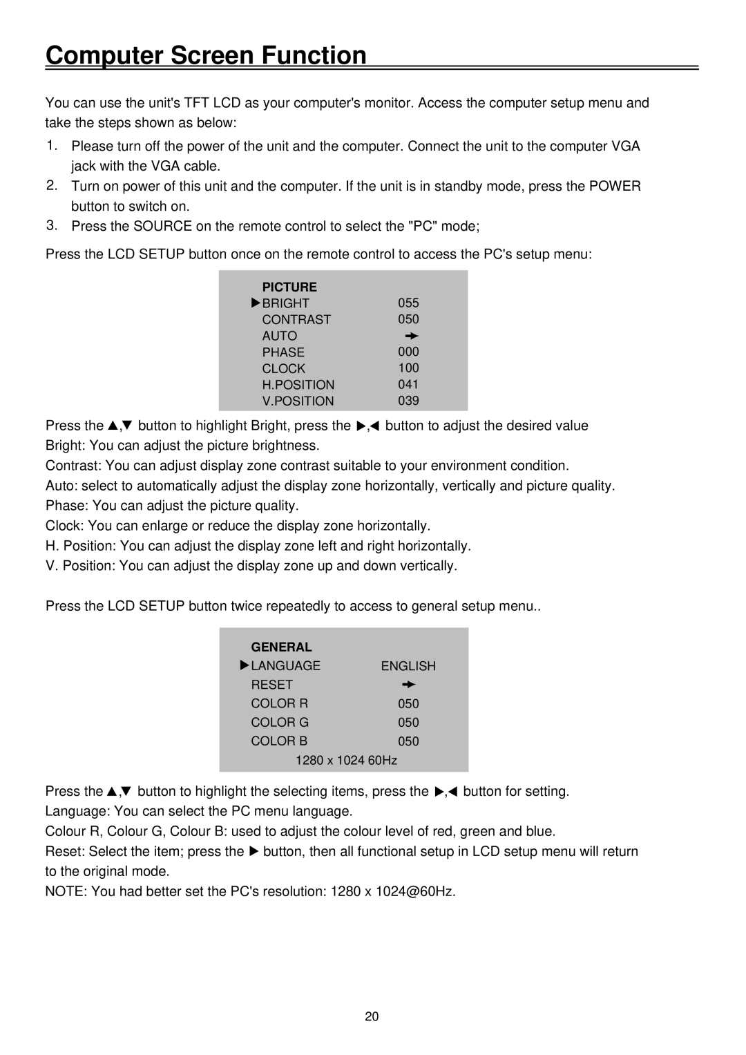 Palsonic TFTV1720D user manual Computer Screen Function 