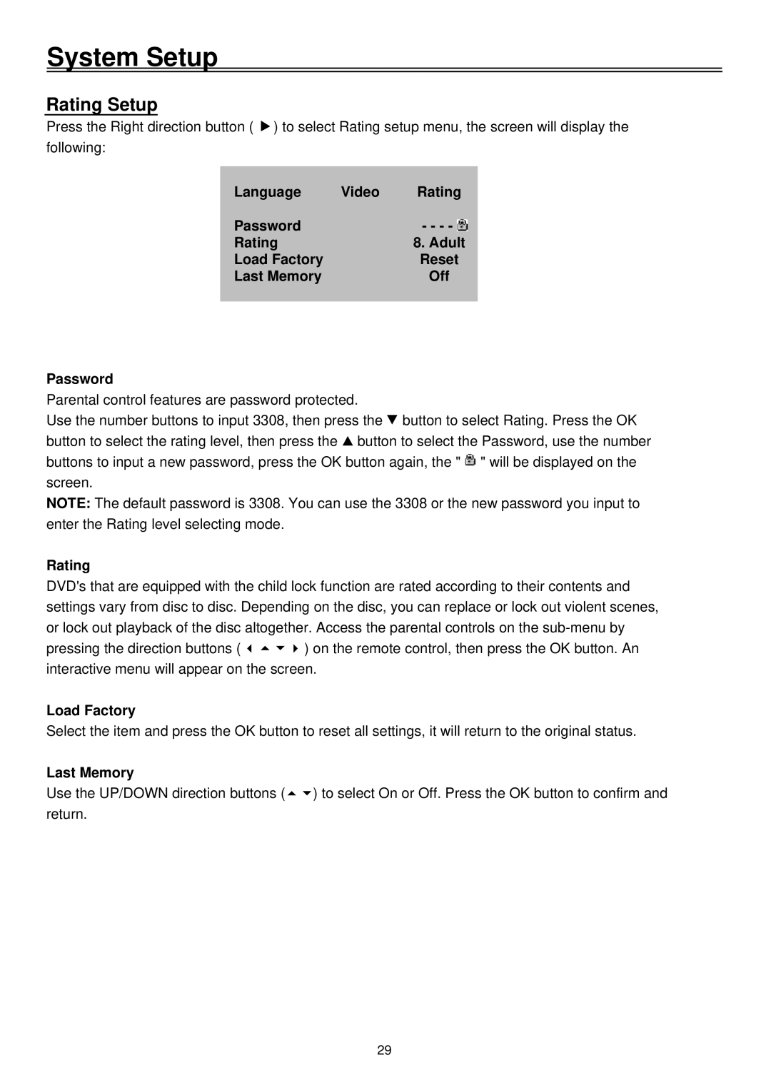 Palsonic TFTV1720D user manual Rating Setup, Password Rating Adult Load Factory, Last Memory 