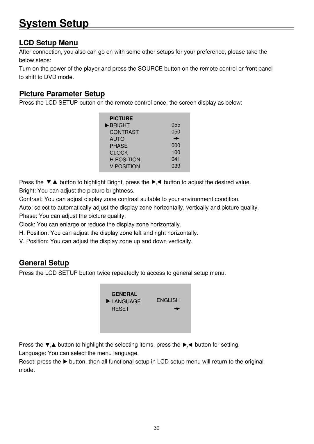 Palsonic TFTV1720D user manual LCD Setup Menu, Picture Parameter Setup 