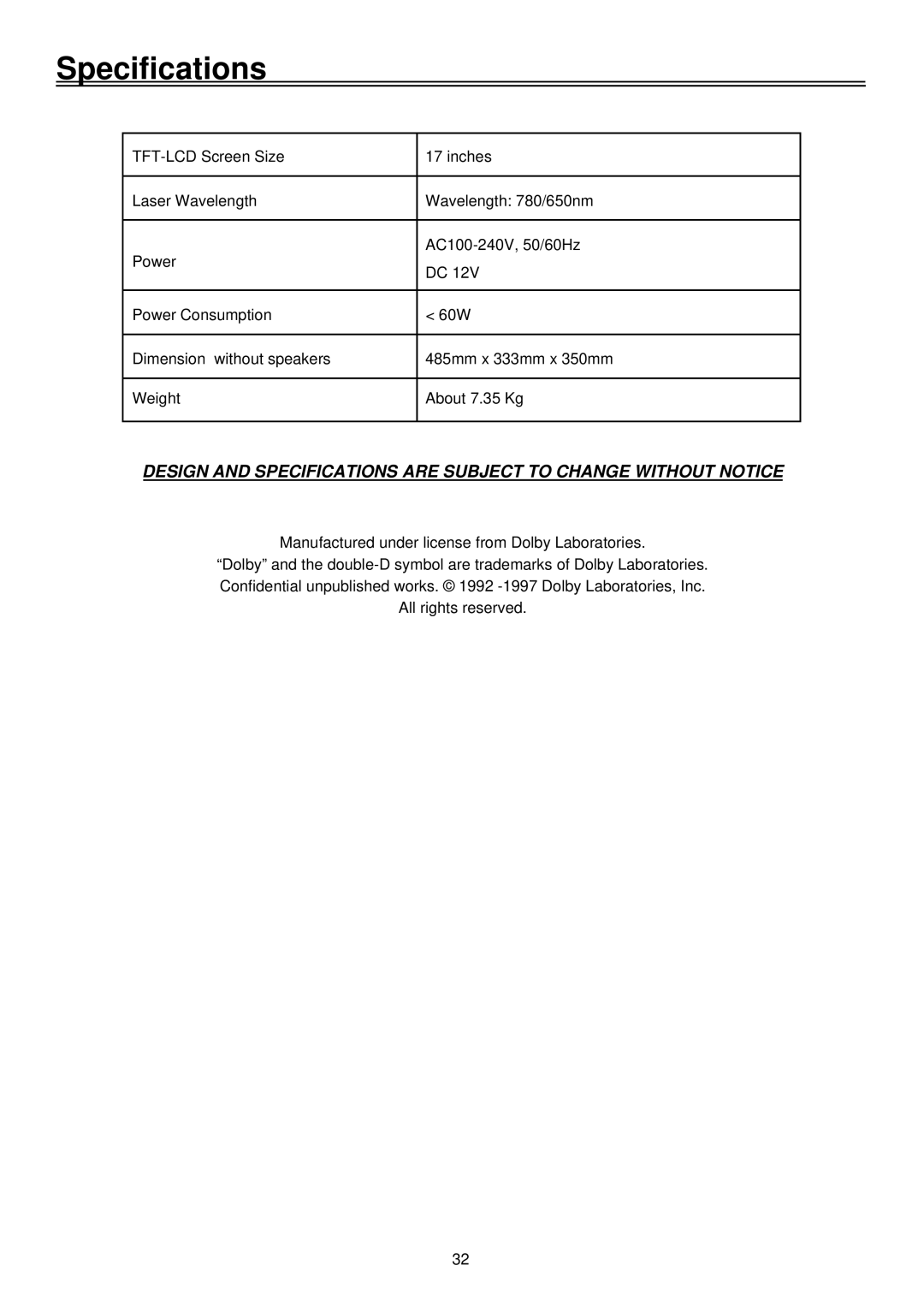 Palsonic TFTV1720D user manual Specifications 