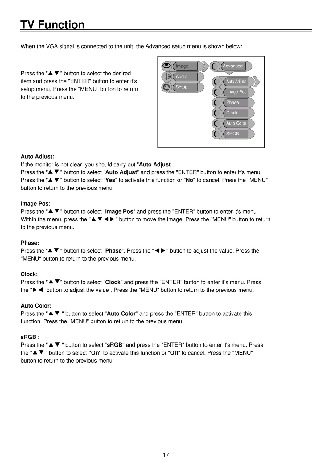 Palsonic TFTV1920D user manual Auto Adjust, Image Pos, Phase, Clock, Auto Color, Srgb 