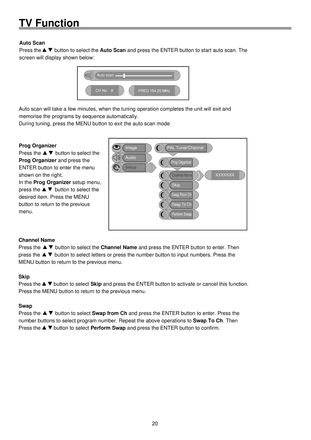 Palsonic TFTV1920D user manual Auto Scan, Prog Organizer, Channel Name, Skip, Swap 