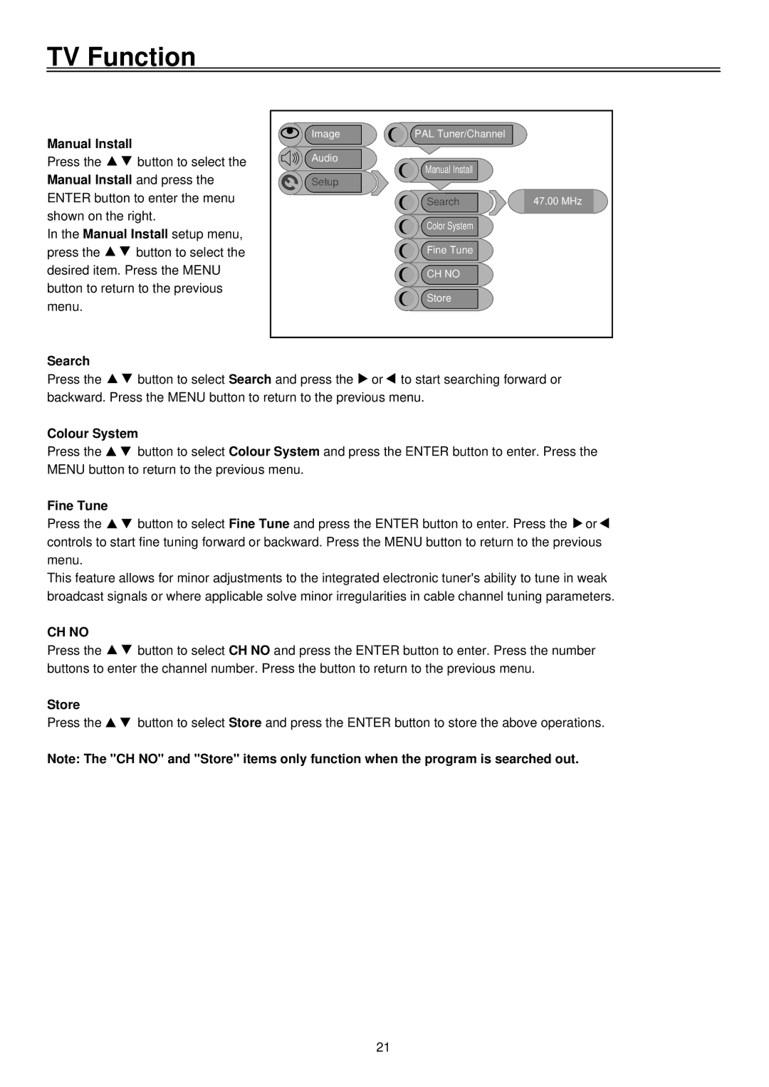 Palsonic TFTV1920D user manual Manual Install, Search, Colour System, Fine Tune, Store 