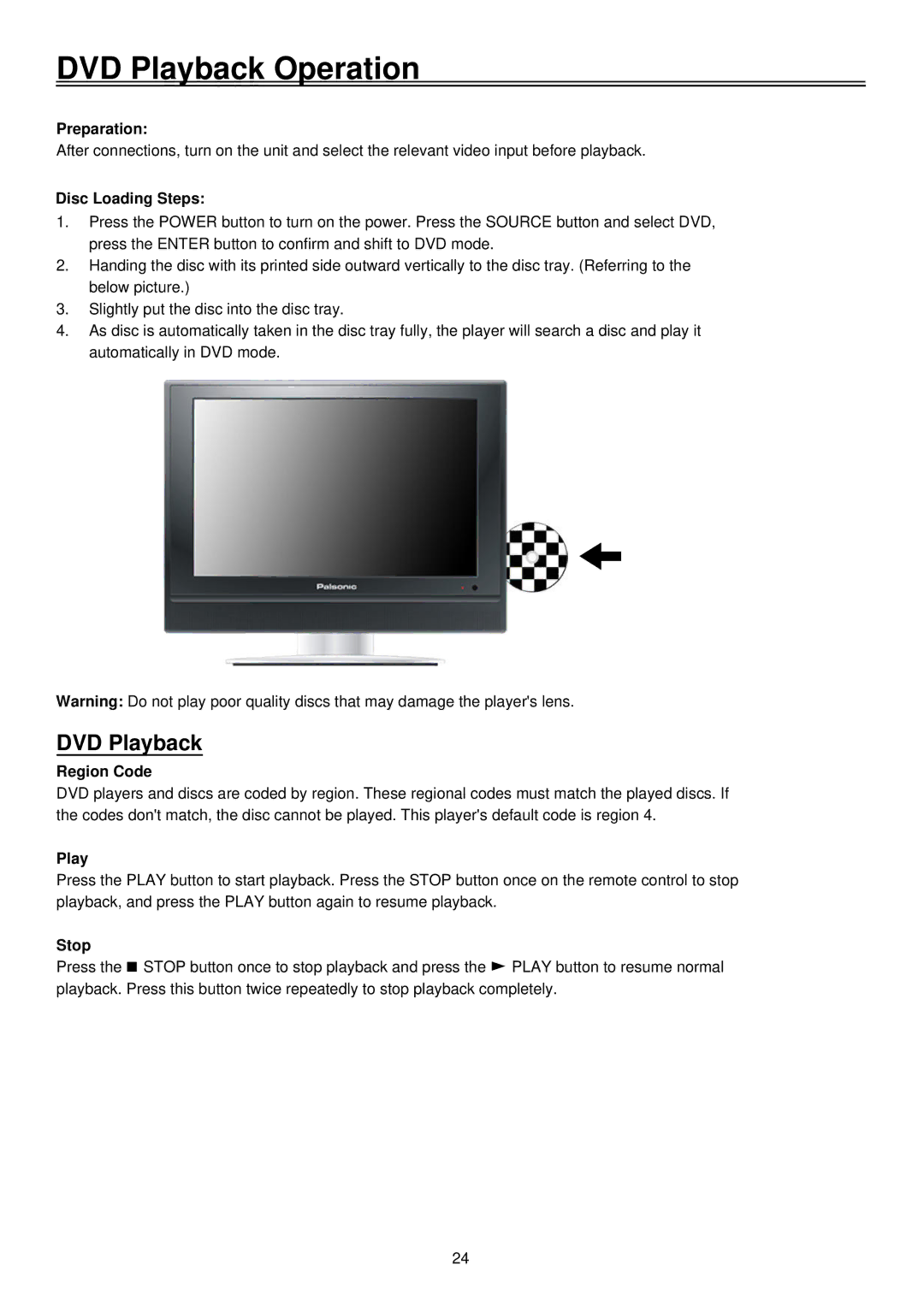 Palsonic TFTV1920D user manual DVD Playback Operation 