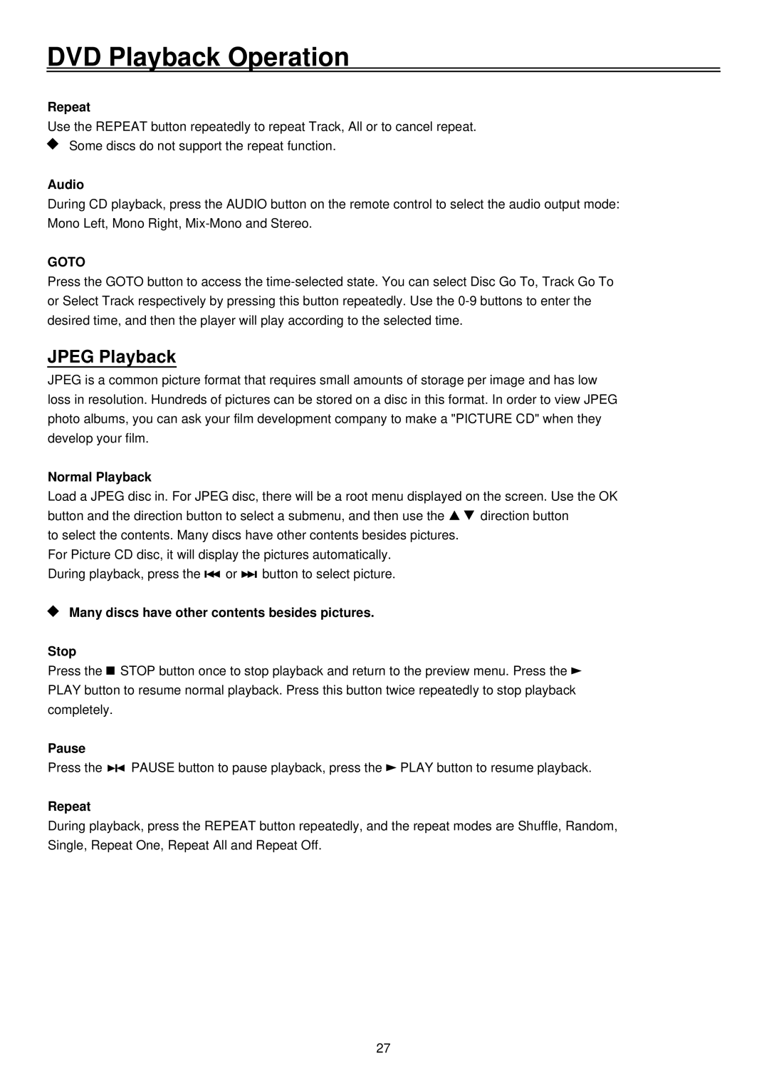 Palsonic TFTV1920D user manual Audio, Normal Playback, Many discs have other contents besides pictures Stop 