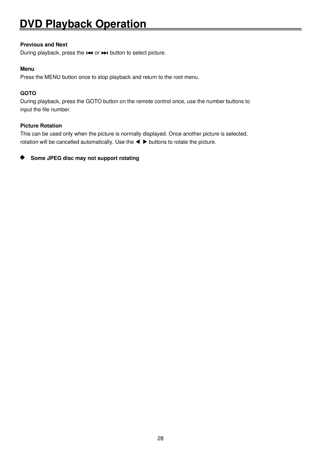 Palsonic TFTV1920D user manual Picture Rotation, Some Jpeg disc may not support rotating 