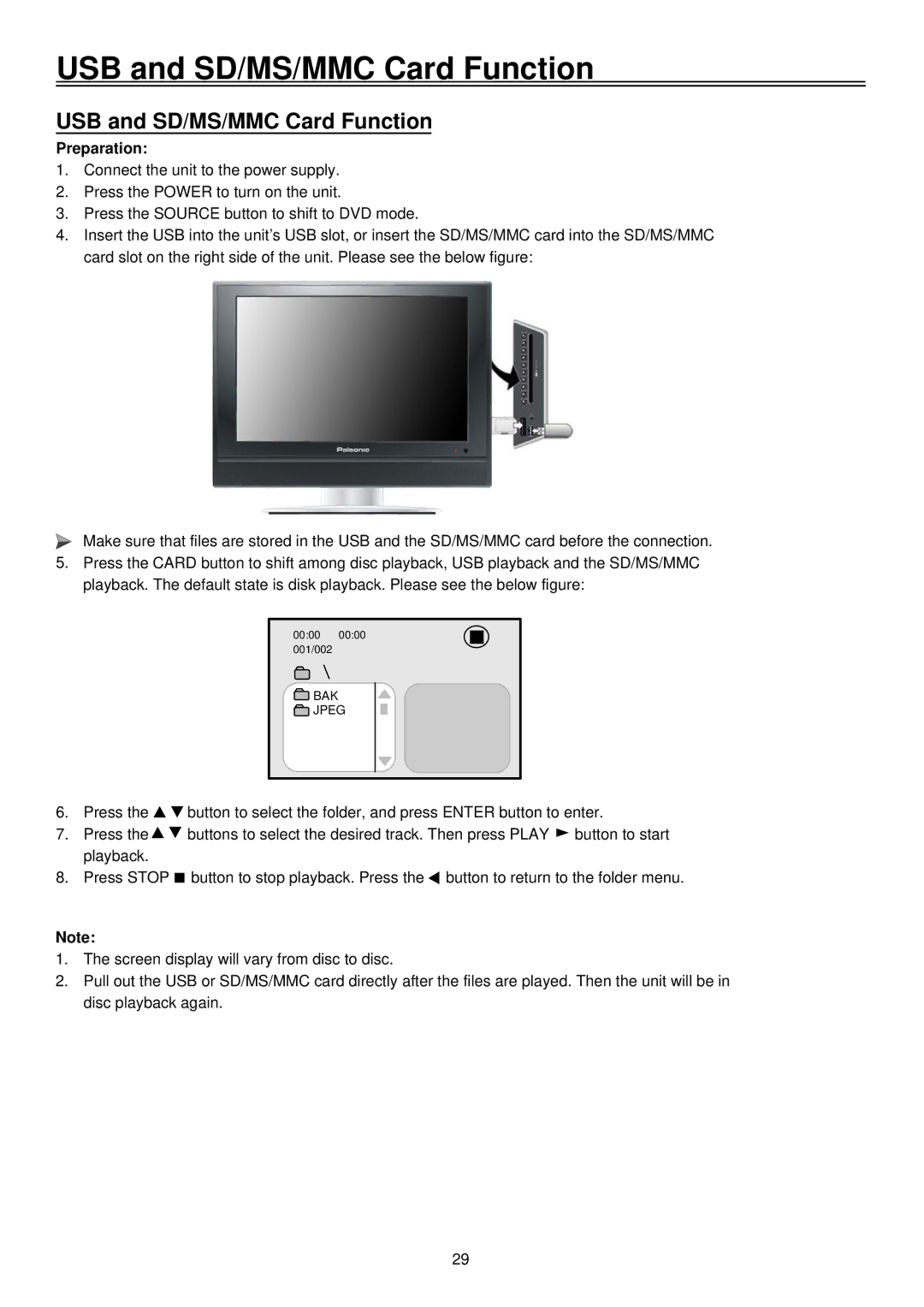 Palsonic TFTV1920D user manual USB and SD/MS/MMC Card Function 