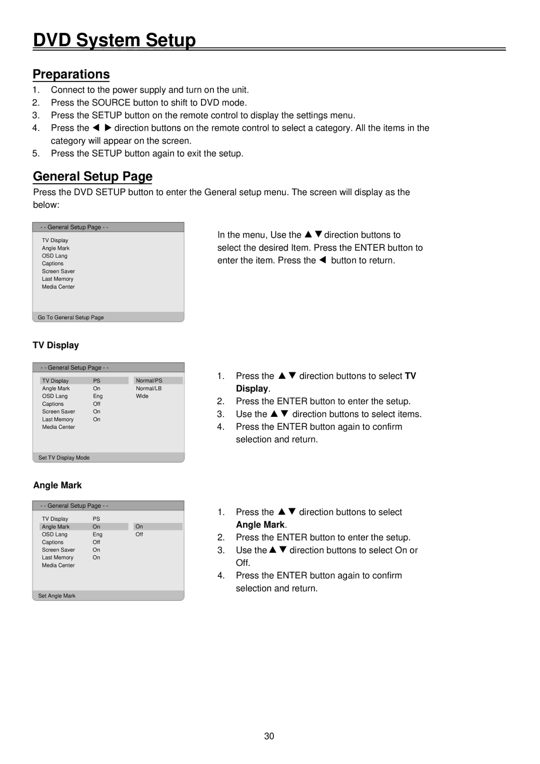 Palsonic TFTV1920D user manual DVD System Setup, Preparations, General Setup, TV Display, Angle Mark 