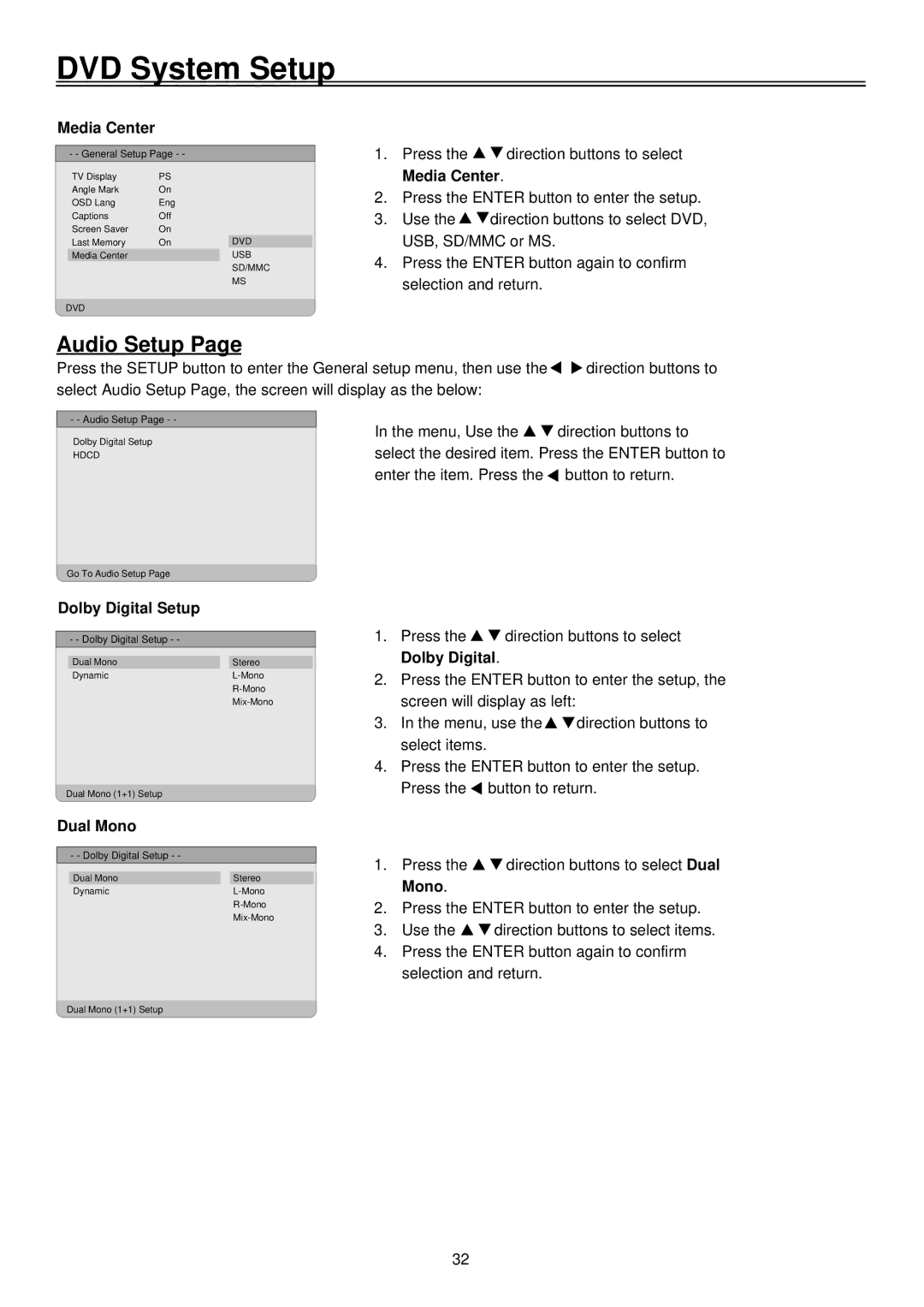 Palsonic TFTV1920D user manual Audio Setup, Media Center, Dolby Digital Setup, Dual Mono 