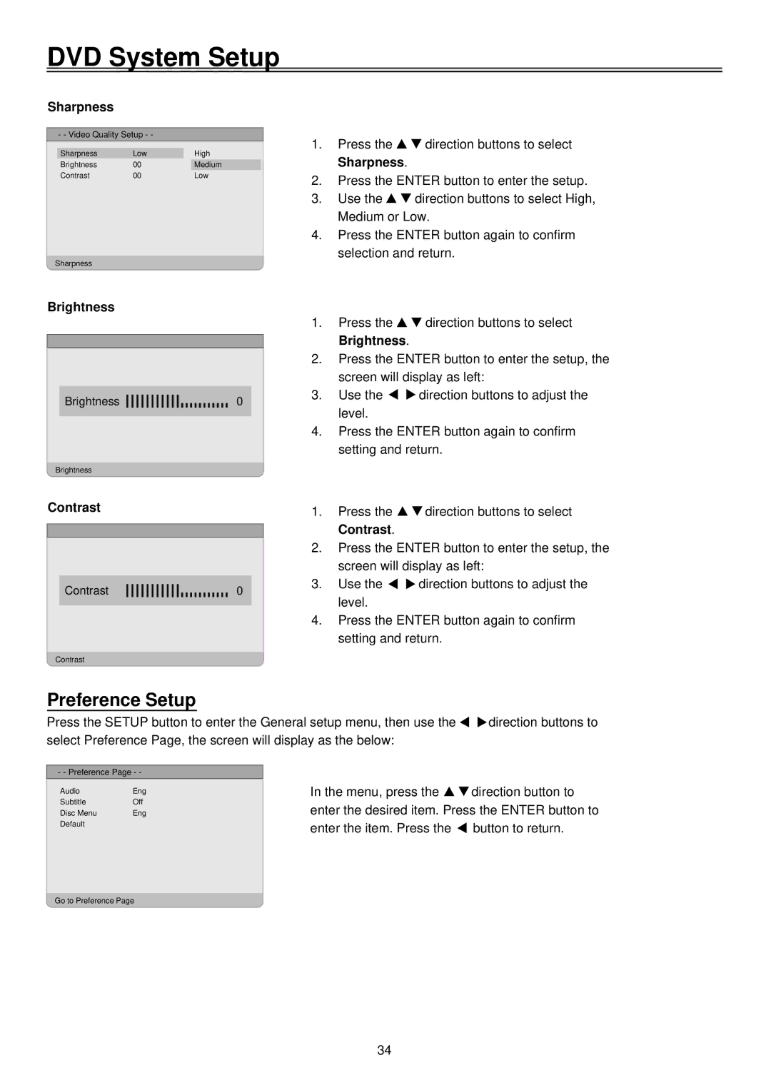 Palsonic TFTV1920D user manual Preference Setup, Sharpness, Brightness, Contrast 