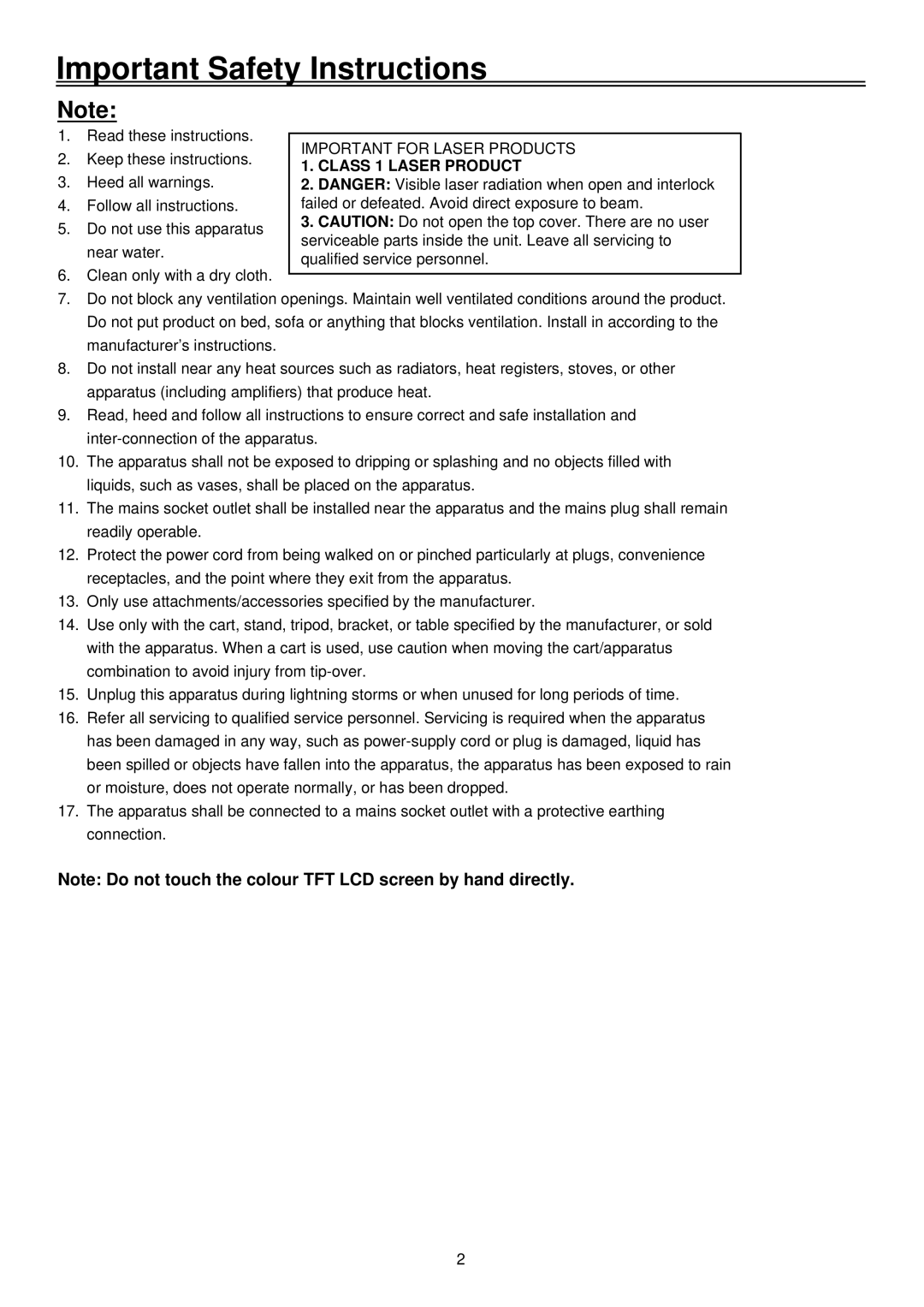 Palsonic TFTV1920D user manual Class 1 Laser Product 